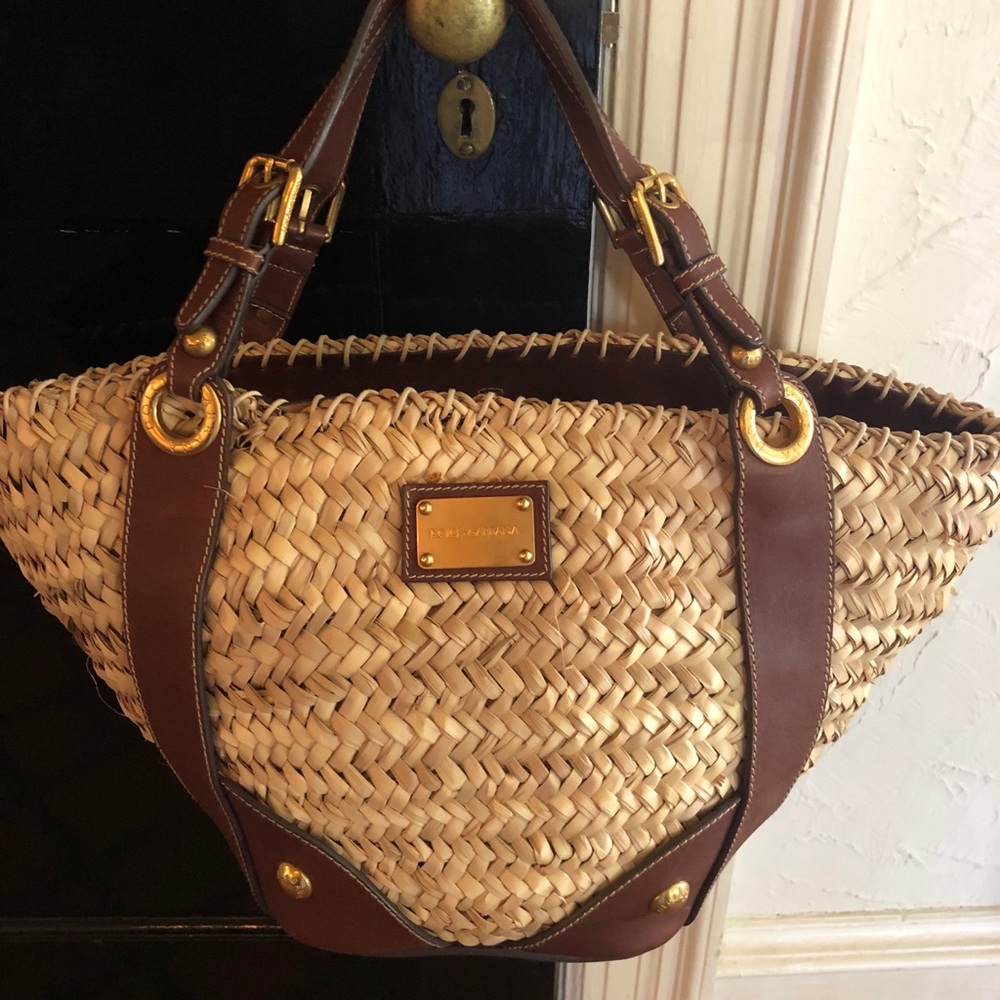 Dolce Gabbana leather and woven straw tote new